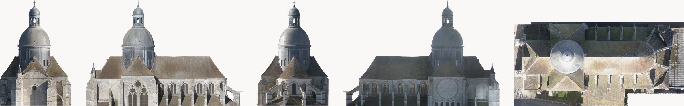 Orthophotos of a collegiate church at the same scale: west, south, east and north façades, then the roof seen from above
